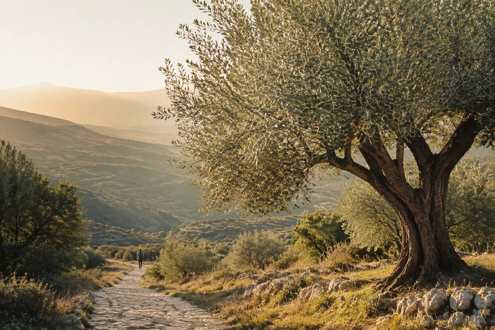 A sunlit path beneath an olive tree, with a walker in the distance